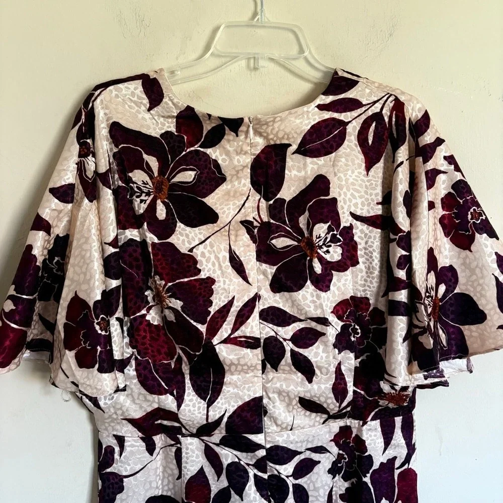 London Times Floral‎ Faux Wrap Dress Cream Burgundy Size 14